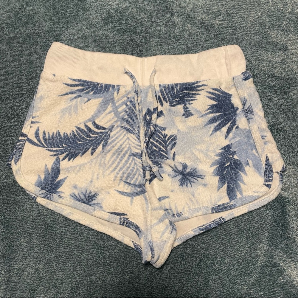 Women's Terry Cloth Beach Shorts With Blue and White Palm‎ Leaf Print Size Small